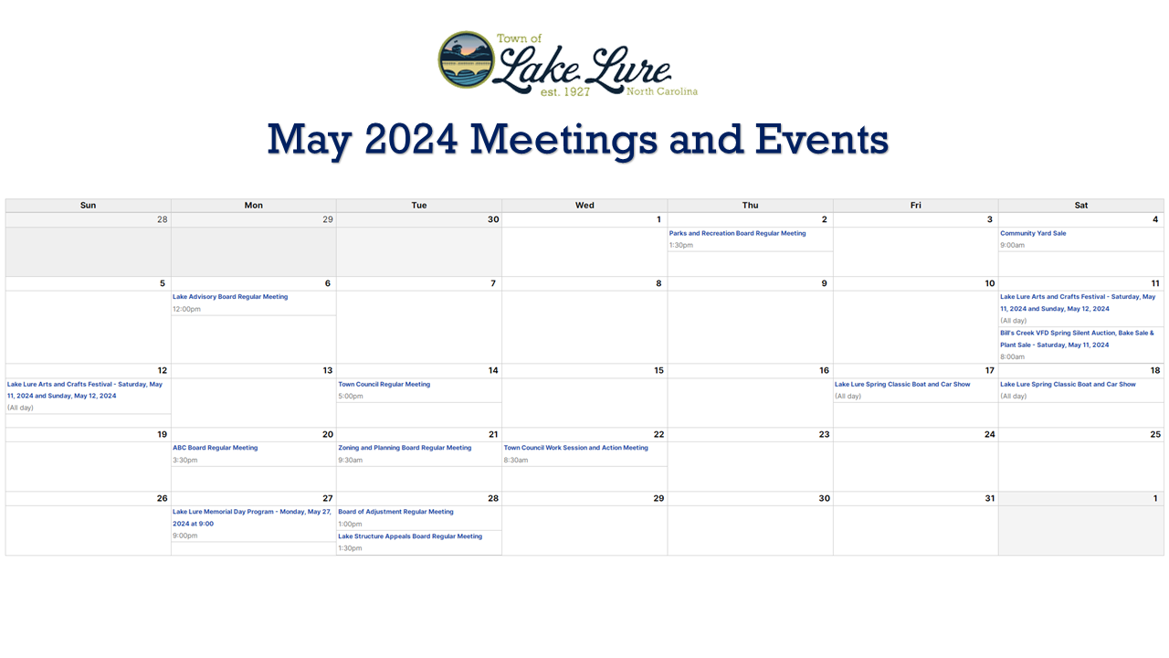 May 2024 Meetings and Events Lake Lure North Carolina