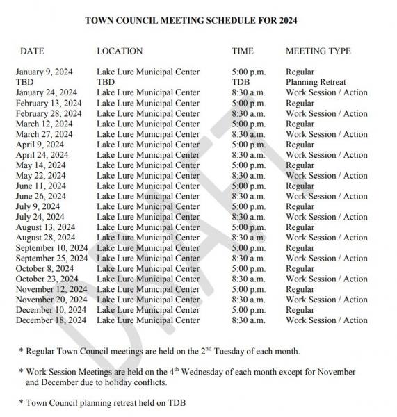 Draft 2024 Town COuncil Meeting Schedule