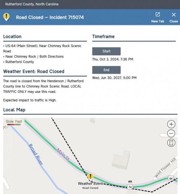NC Department of Transportation Guidance on 64-74 in Chimney Rock