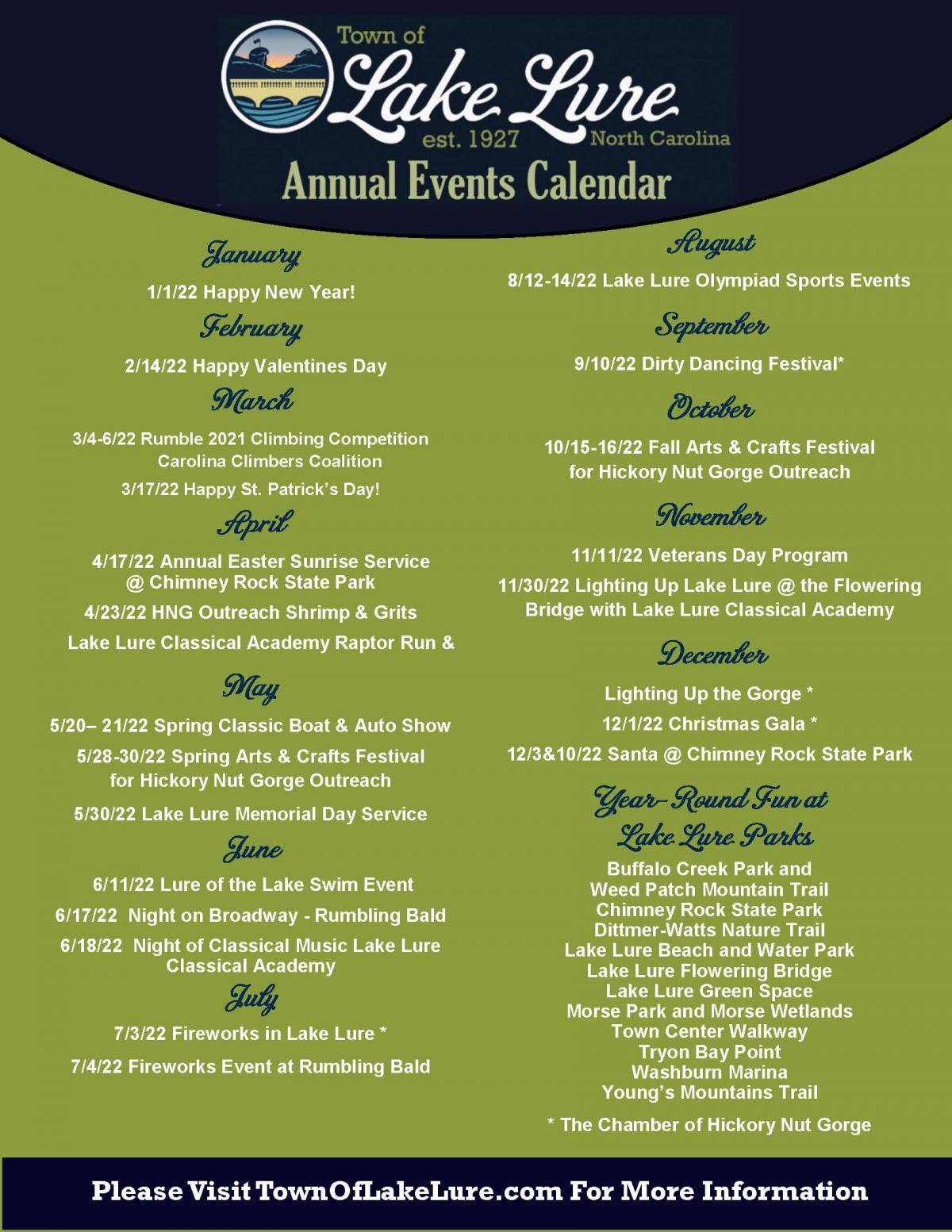 Mark Your Calendars Town of Lake Lure 2022 Events Calendar Lake
